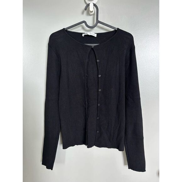 Zara EUC Black Ribbed Knit Button Down Cardigan Top Size XL - Picture 8 of 13